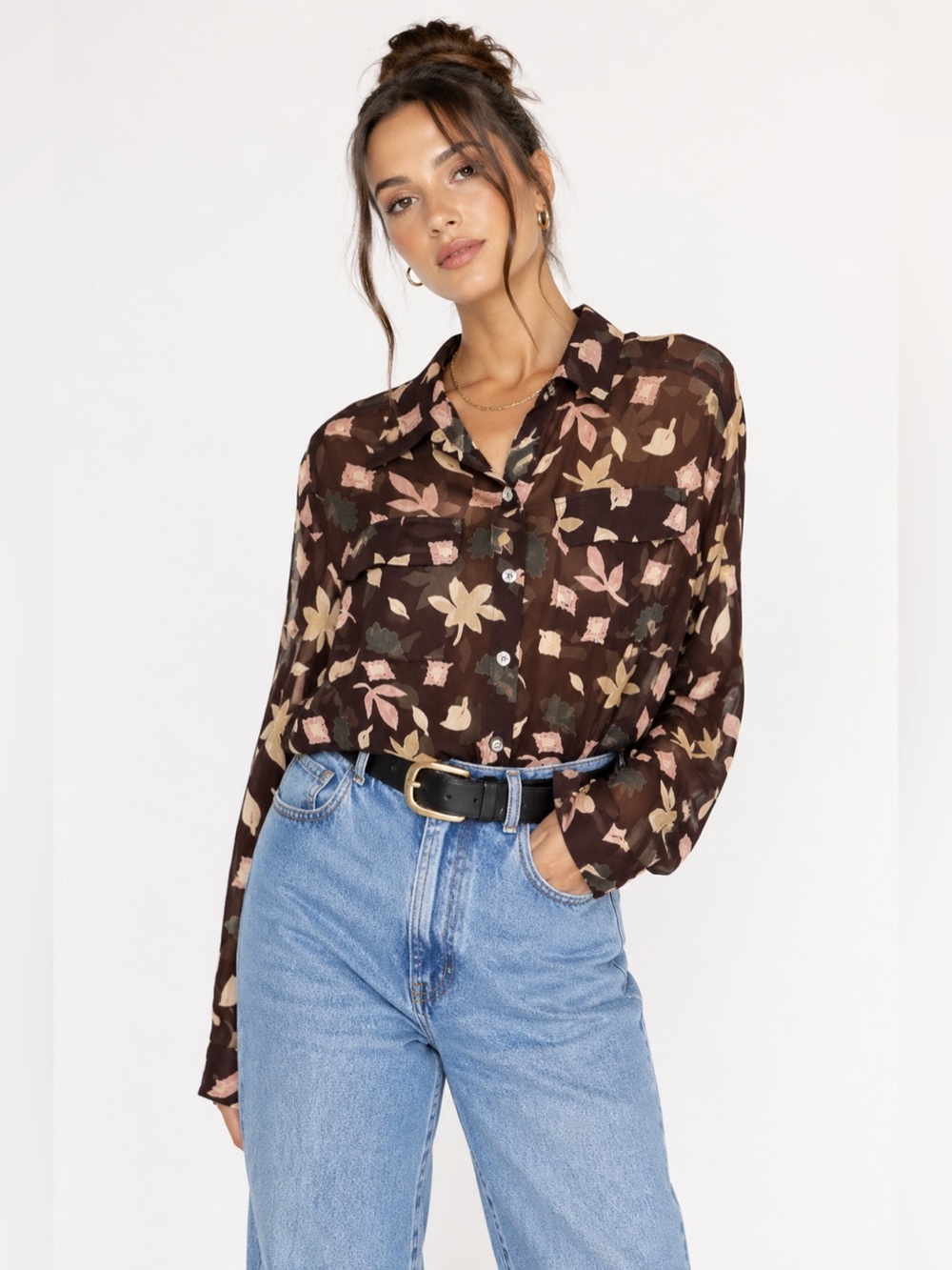 Vintage Brown 90s Silk Sheer Button Up Leaf Print Shirt Size M